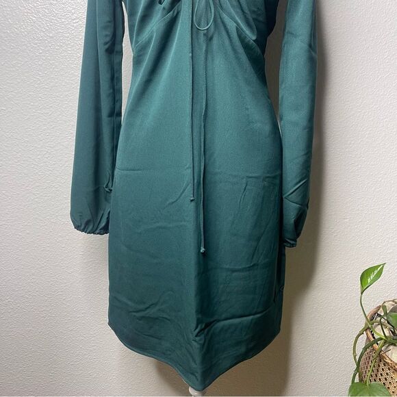Abercrombie & Fitch XS Tall Long-Sleeve Front Tie Mini Dress Dark Teal - Picture 2 of 8